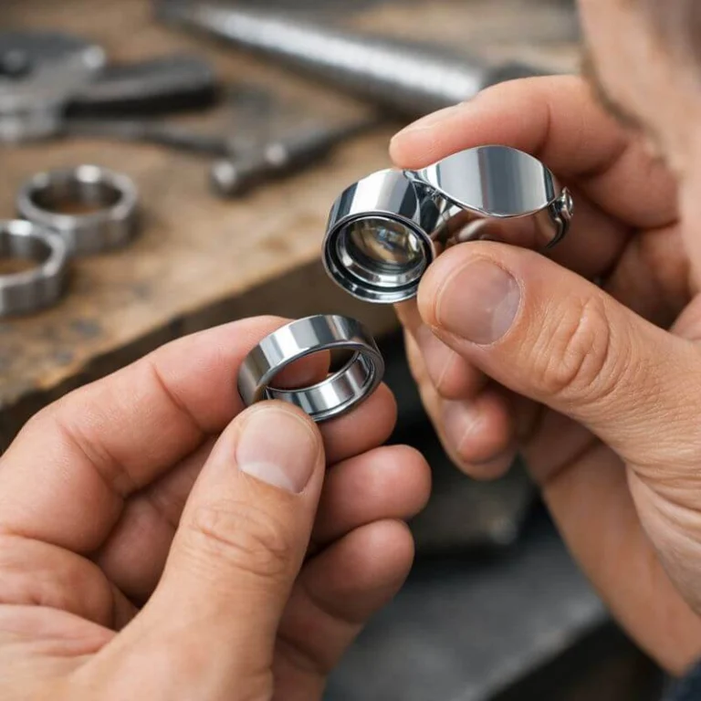 Jeweller checking the quality of a tungsten carbide ring
