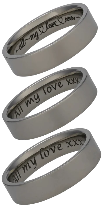 3 Titanium Rings with Laser Engraving Inside as font examples
