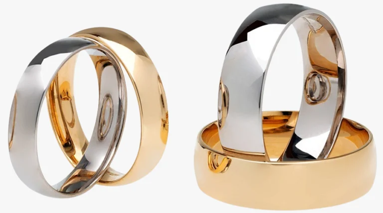 Two-tone polished wedding rings in yellow gold and white metal