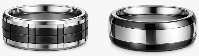 Two men's tungsten carbide and black zirconia ceramic wedding rings side by side