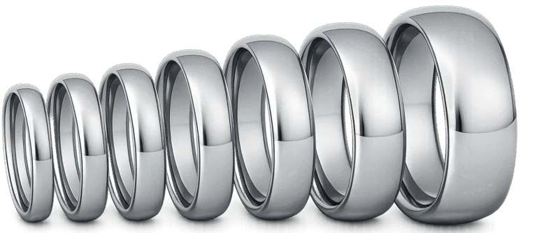 Polished tungsten carbide wedding rings shown in all available widths from 3mm to 10mm