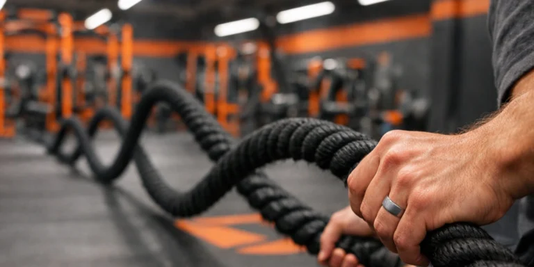 Titanium wedding ring on hand gripping battle ropes during gym workout