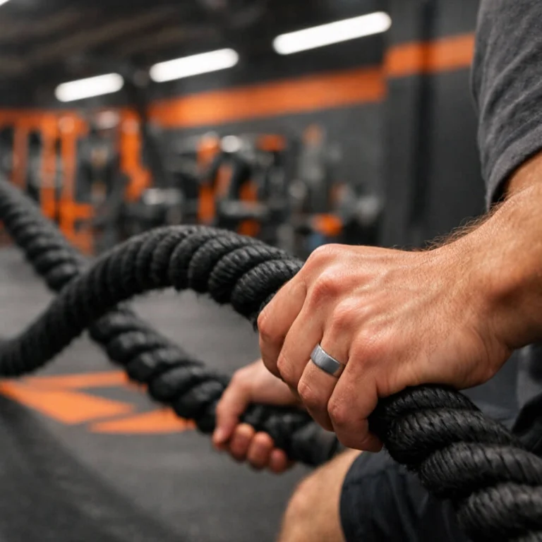 Brushed titanium wedding ring on hand gripping black battle ropes in an orange gym