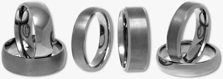 6 Tantalum Wedding Rings displayed, some polished, some brushed