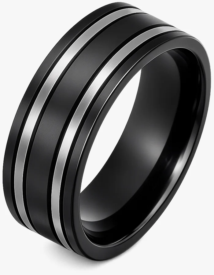 Black zirconium ring with two natural grey zirconium stripes
