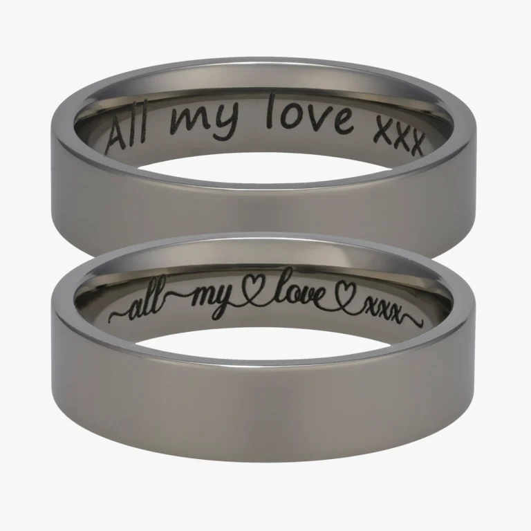 examples of inside ring engraving shown on 2 titanium rings