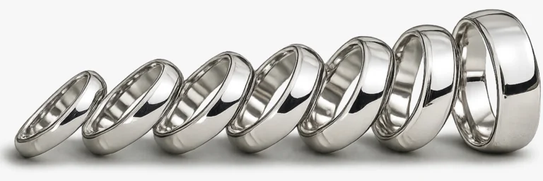 Seven polished sterling silver wedding rings arranged diagonally