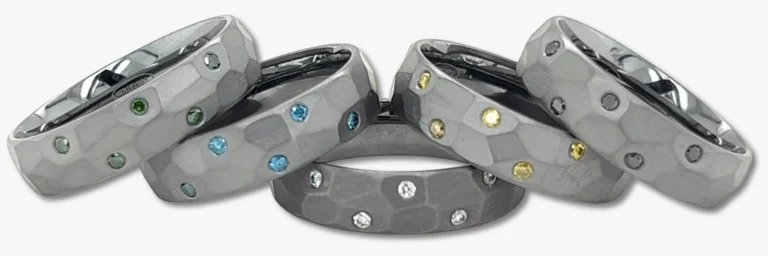Hammered Tantalum Wedding ring set with coloured diamonds