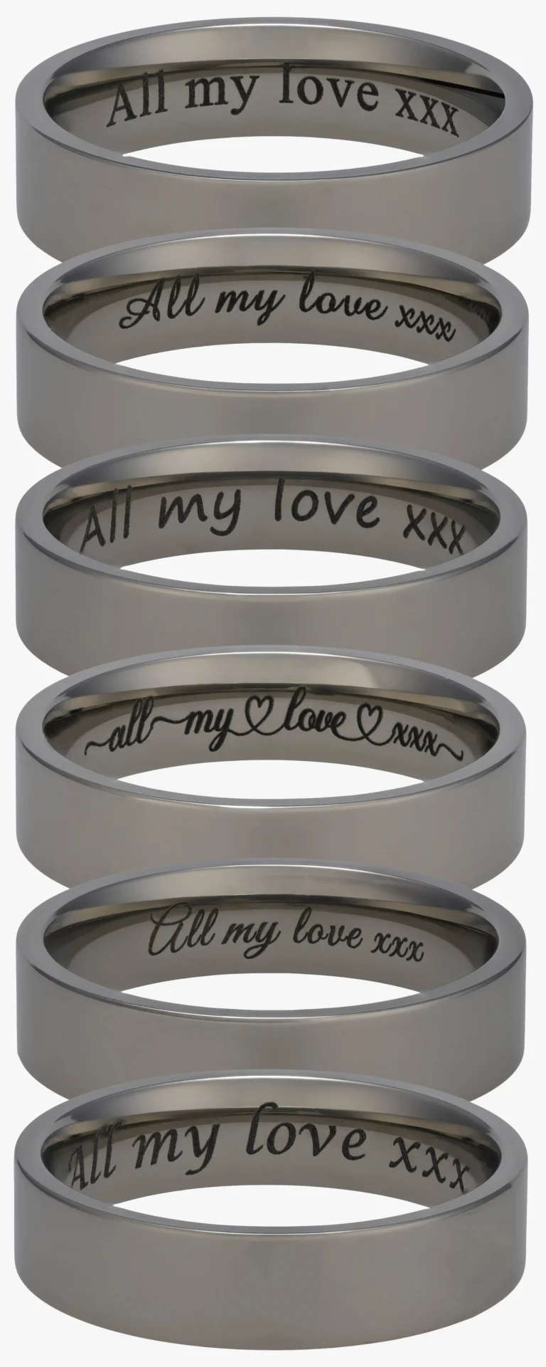 6 Titanium rings with samples of laser engraving inside