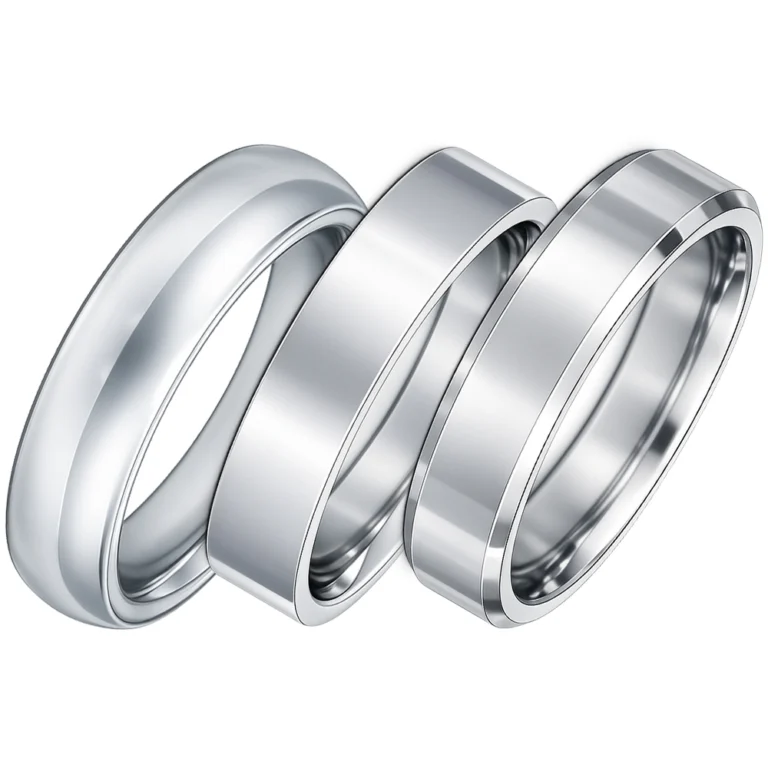 Three polished silver wedding rings showing court, flat court and bevelled flat band profiles
