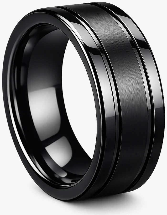 Black zirconium ring with brushed centre and polished edges