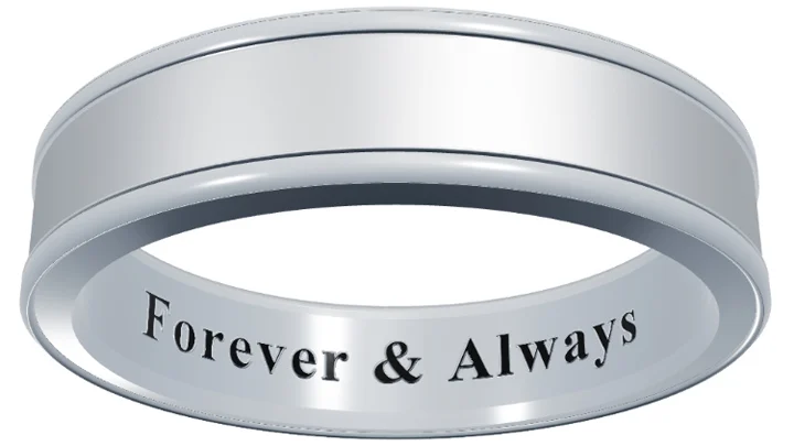 Wedding ring engraving ideas example, Forever and Always romantic phrase in Times New Roman bold