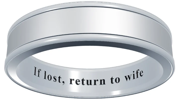 Funny wedding band engraving ideas, If lost return to wife in Times New Roman bold