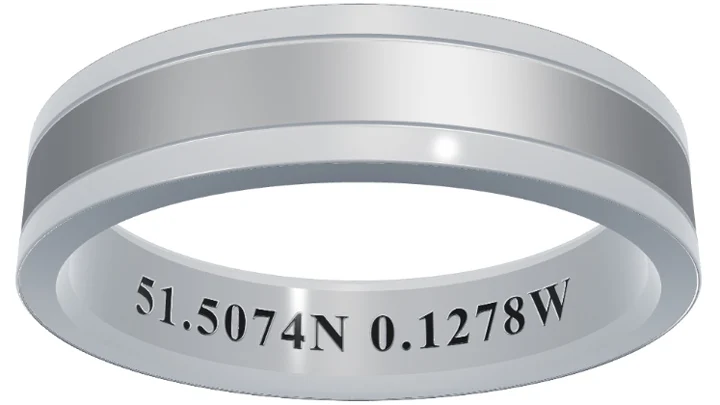 Coordinate wedding ring engraving idea, GPS 51.5074N 0.1278W as location keepsake
