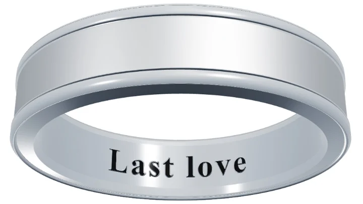 Split message wedding ring engraving idea, Last love, ring two of a matching pair