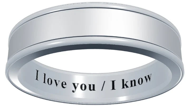 Fandom wedding ring engraving idea, Star Wars I love you I know split pair