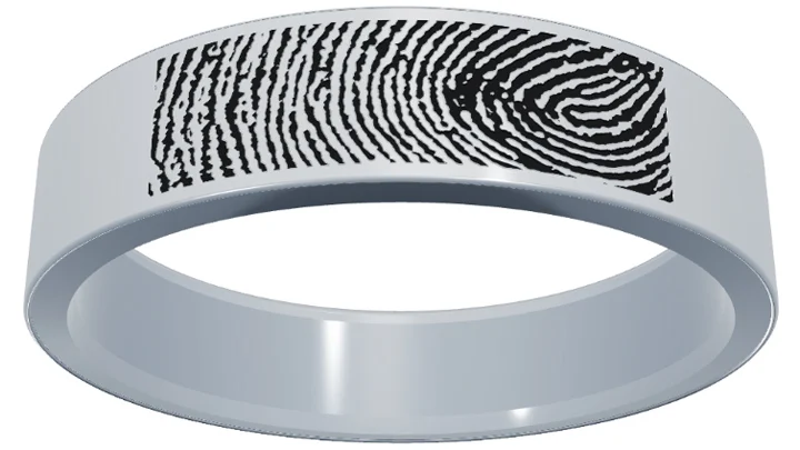 Fingerprint wedding ring engraving idea on a polished titanium band