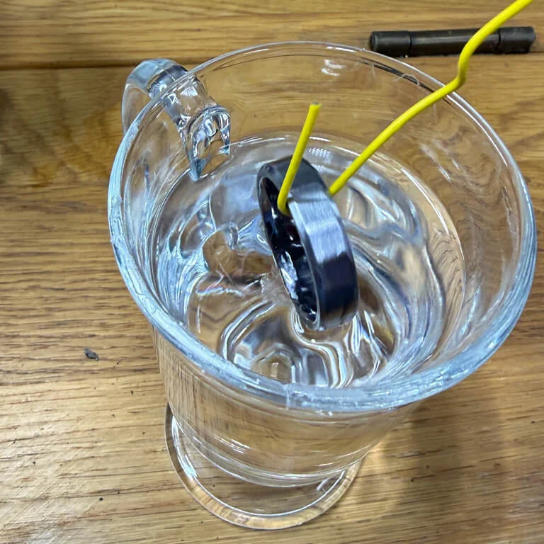 Meteorite ring immersed in isopropyl alcohol after etching.
